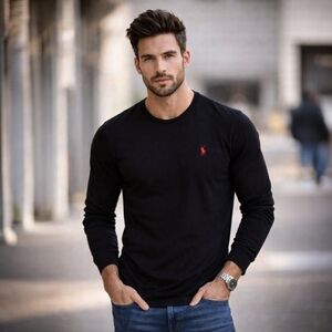 Polo Ralph Lauren Black Classic Long Sleeve T Shirt Red Pony Crewneck Size XL